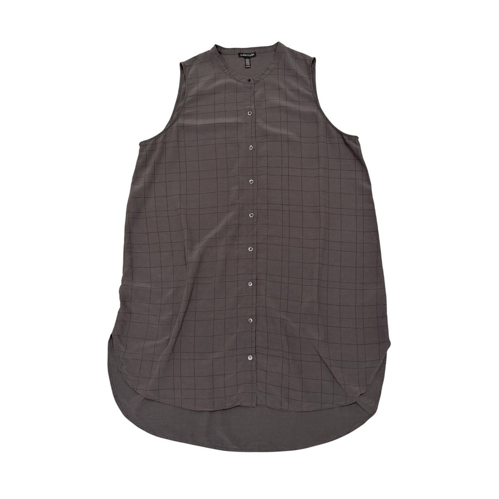 Eileen Fisher XL Gray Plaid Sleeveless Hi Low Tunic Top Layering Minimalist